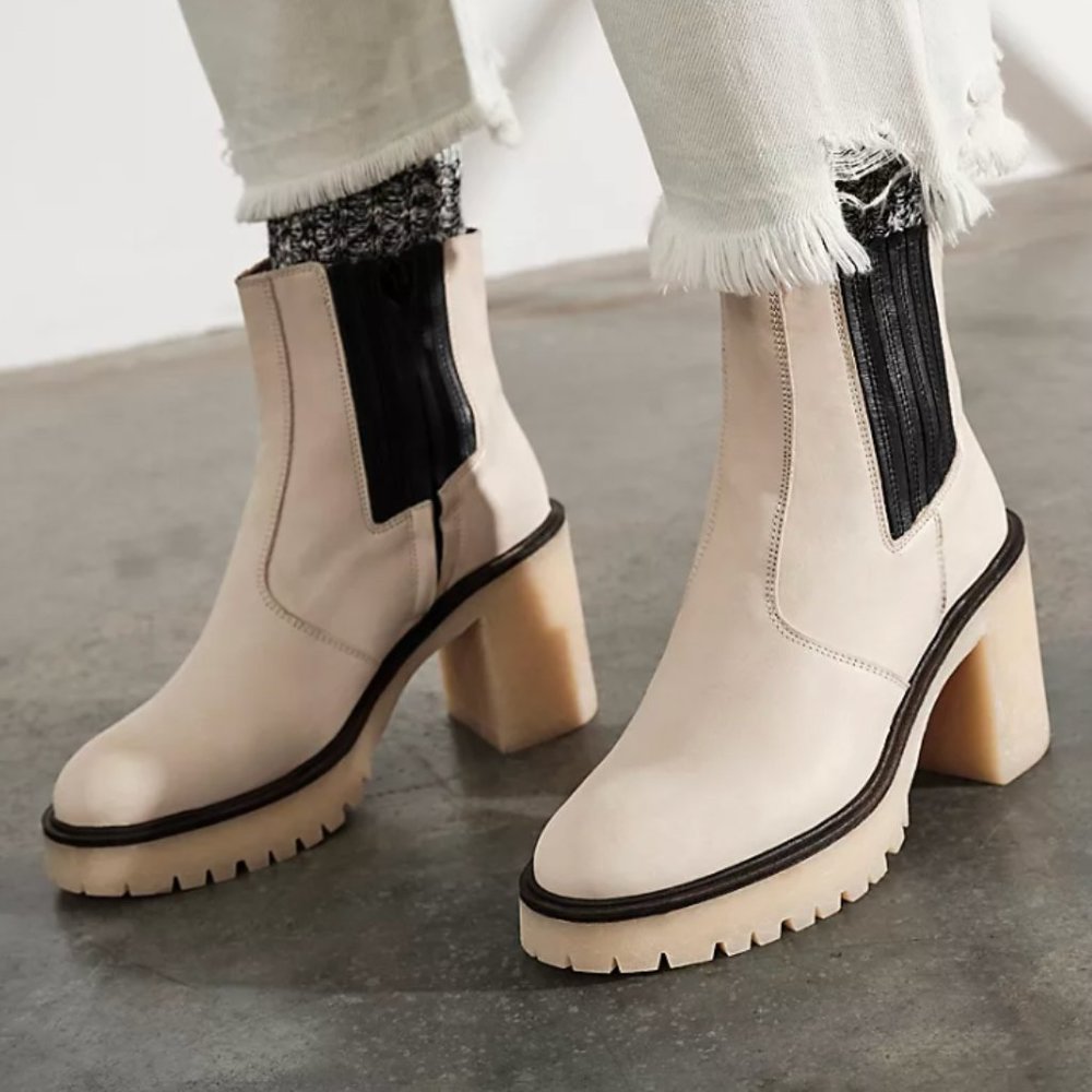White Leather Free People James Chelsea Heeled Boots in Bone